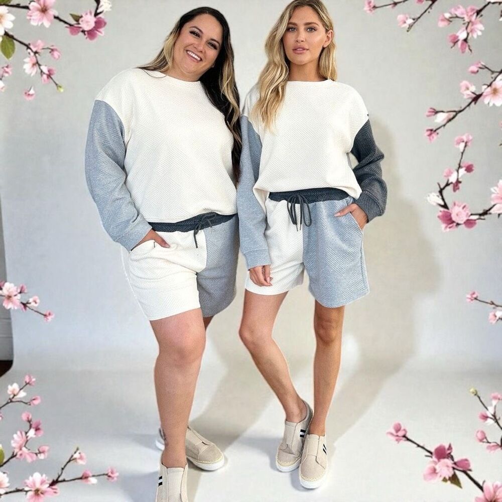 Khaki Contrast Color Block Long Sleeve Top & Shorts Lounge Set NWT - Picture 6 of 12